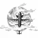 A dotwork tattoo showcasing the silhouette of a plane flying through a stormy sky filled with lightning and clouds tattoo design idea
