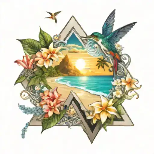 st Lucia beach with waves forming the of a triangle, inside is a hummingbird and a frangipani flower tattoo design idea