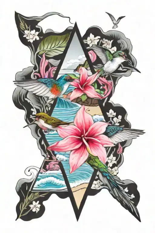st Lucia beach with waves forming a triangle, inside is an antillien crested hummingbird and a pink and white frangipani tattoo design idea