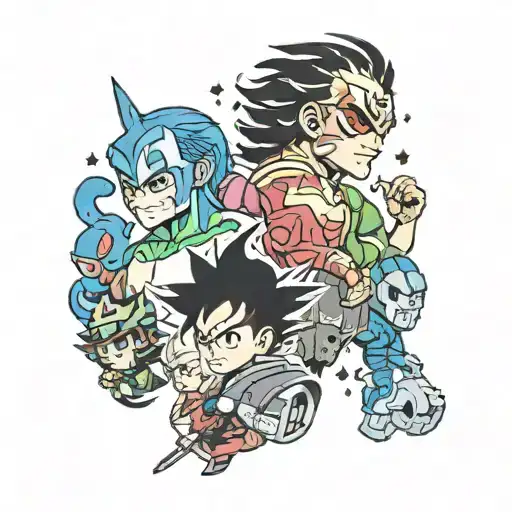 A pop culture mashup tattoo with iconic heroes from different universes teaming up tattoo design idea