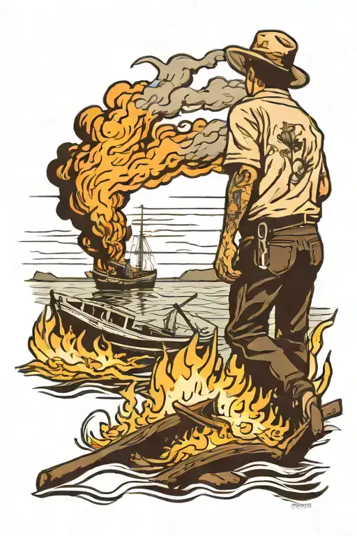 man walking away from a burning boat in a harbor on the Oregon coast tattoo design idea