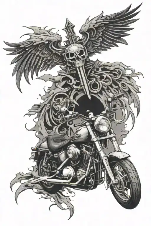 Motorcycle, gothic cross and death tattoo design idea
