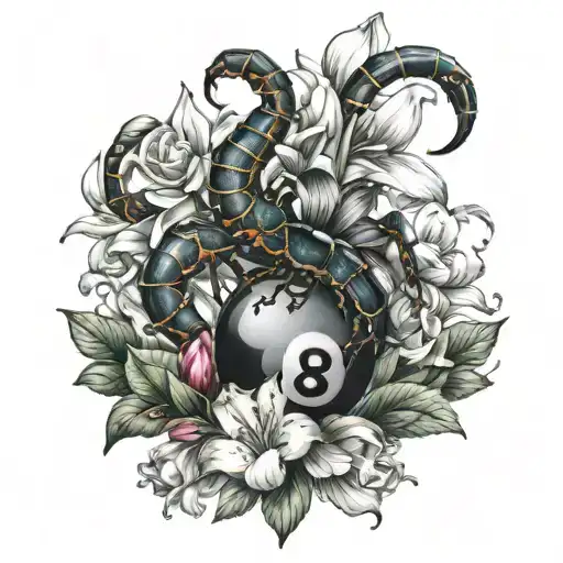 Scorpio and azalea flowers 8 ball tattoo design idea