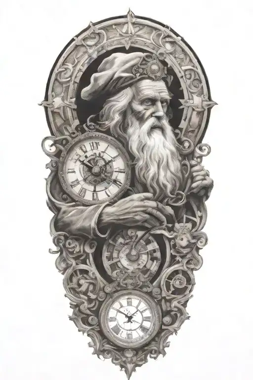 A black and grey portrait of Father Time with intricate clockwork details, symbolizing the passage of time and the client's respect for tradition tattoo design idea