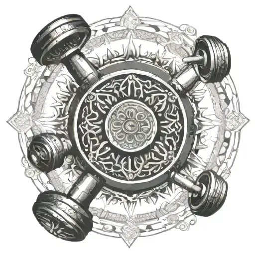 An intricate mandala design incorporating elements of fitness equipment like dumbbells and kettlebells, representing balance and harmony in staying active tattoo design idea