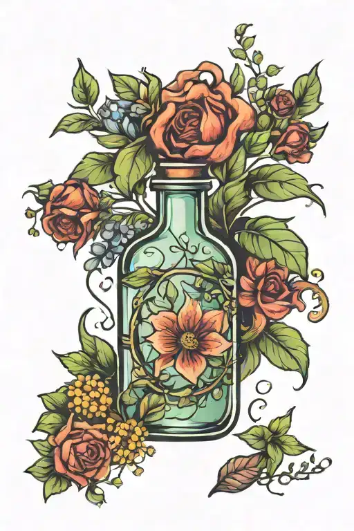 potion bottle with medicinal herbs tattoo design idea