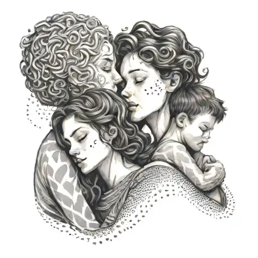 An intricate design of a mother embracing her two sons and daughter in a dotwork style tattoo design idea