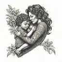 An intricate design of a mother embracing her two sons and daughter in a dotwork style tattoo design idea