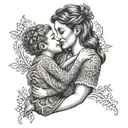 An intricate design of a mother embracing her two sons and daughter in a dotwork style tattoo design idea