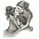 An intricate design of a mother embracing her two sons and daughter in a dotwork style tattoo design idea