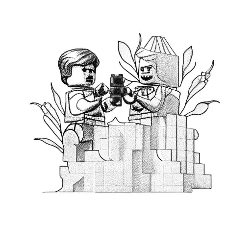A tattoo of a mother and her two sons building a Lego tower surrounded by flowers tattoo design idea