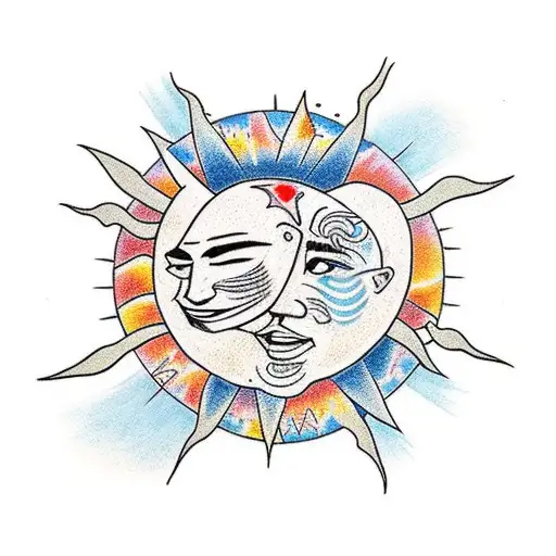 A tattoo of a sun with the faces of the two sons incorporated into the design, surrounded by colorful Lego bricks tattoo design idea