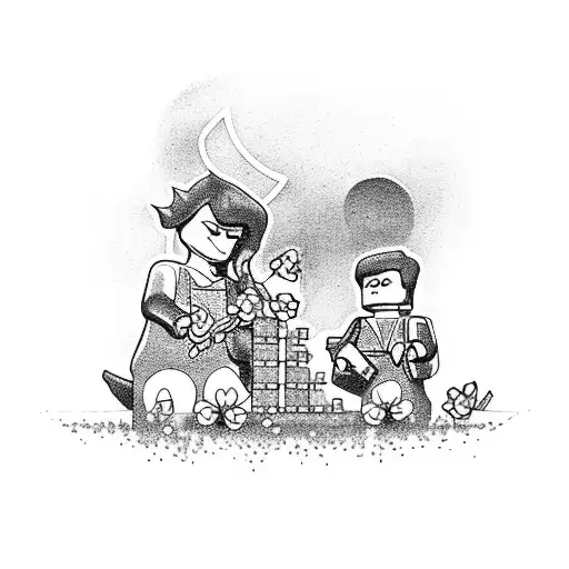 A tattoo of a mother and her two sons building a Lego tower surrounded by flowers tattoo design idea