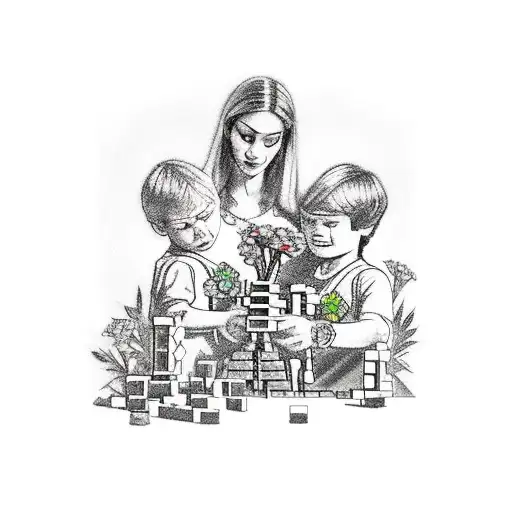 A tattoo of a mother and her two sons building a Lego tower surrounded by flowers tattoo design idea