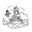 A tattoo of a mother and her two sons building a Lego tower surrounded by flowers tattoo design idea