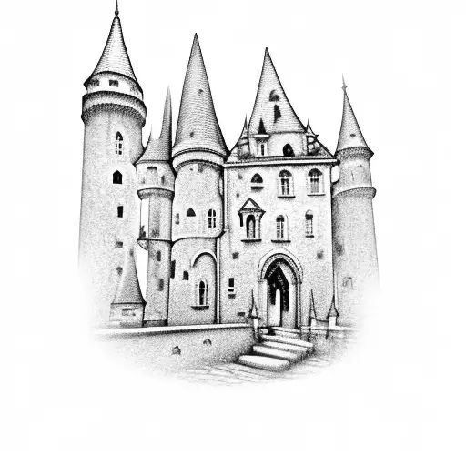 Gothic castle behind cobblestone street at night with lampposts tattoo design idea