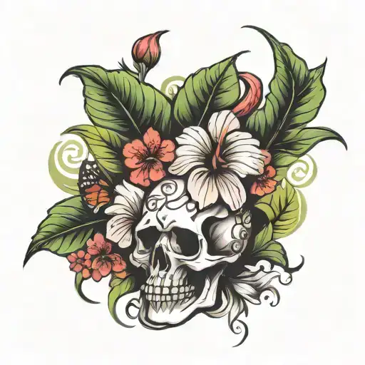skulls, snakes, hibiscus flower surrounded bij musicnotes tattoo design idea