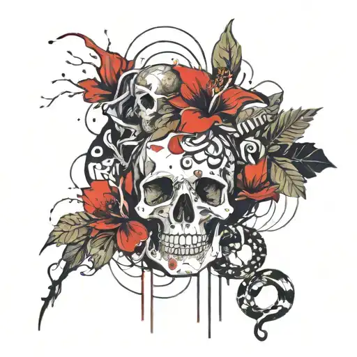 skulls, snakes, hibiscus flower surrounded bij musicnotes tattoo design idea