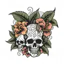 skulls, snakes, hibiscus flower surrounded bij musicnotes tattoo design idea