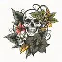 skulls, snakes, hibiscus flower surrounded bij musicnotes tattoo design idea