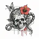 skulls, snakes, hibiscus flower surrounded bij musicnotes tattoo design idea