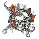 skulls, snakes, hibiscus flower surrounded bij musicnotes tattoo design idea