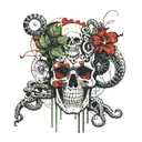 skulls, snakes, hibiscus flower surrounded bij musicnotes tattoo design idea