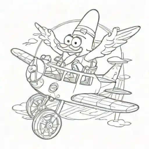 Patrick star sitting on a tiny plane flying tattoo design idea