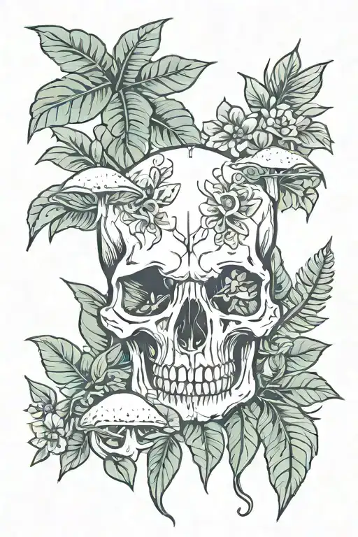 tropic leaves, shrooms growing, shamanic symbol, bird, animal skull  tattoo design idea