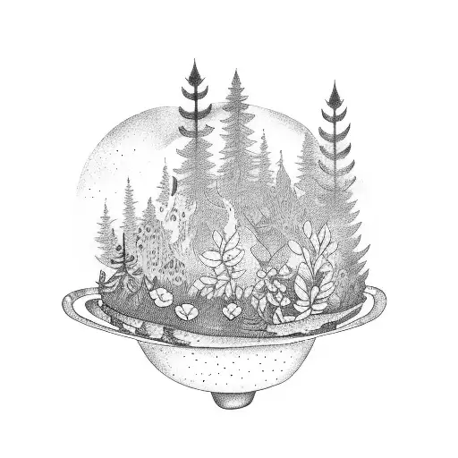 A coffee mug surrounded by a lush forest tattoo design idea