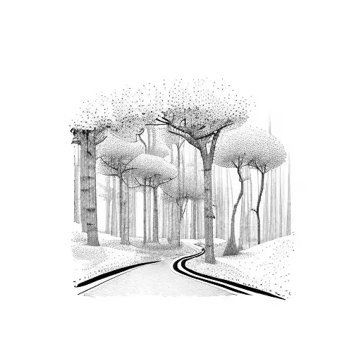 A winding road through a serene forest landscape tattoo design idea
