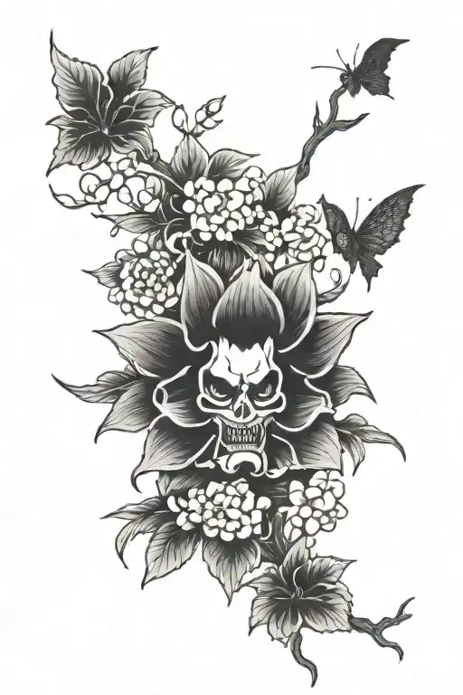 japenese flowers with spooky image  tattoo design idea