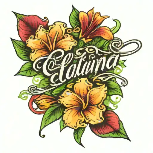 the name Elaina in cursive with Frangipanis behind it and for a forearm tattoo design idea