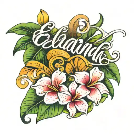 the name Elaina in cursive with Frangipanis behind it and for a forearm tattoo design idea