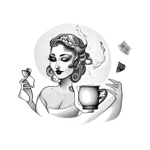 An elegant female figure holding a cup of coffee, with flowing hair morphing into dollar bills, representing the power of money and women in business tattoo design idea