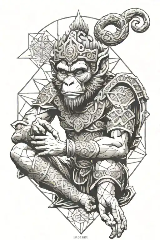 monkey king meditation pose with geometry background tattoo design idea