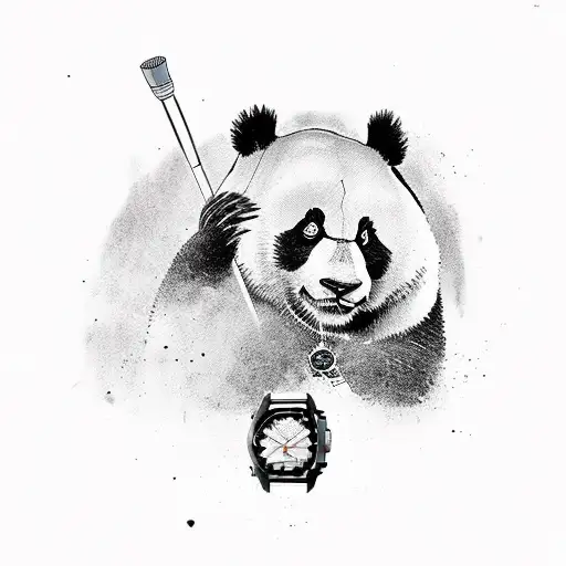 A panda holding a watch with a sketch-style graffiti background tattoo design idea