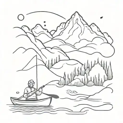 A mountain landscape with a winding river and a kayak floating peacefully on the water tattoo design idea