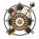black and white decal with no black shading of a minimalist casino roulette wheel tattoo design idea