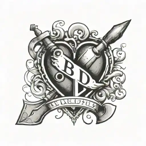 A tattoo design incorporating goldsmith tools such as hammers, anvils, and molds, with the letters b, p, and d forming a heart shape tattoo design idea