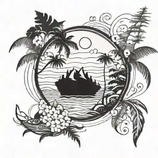 A tattoo design inspired by the client's travels, with elements of beach, snow, water, and trees from different parts of the world combined into a cohesive design tattoo design idea