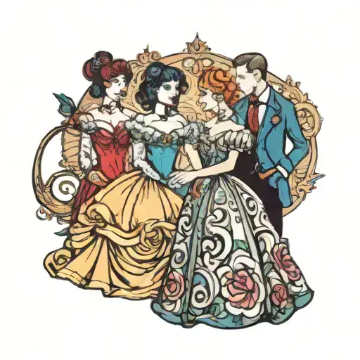 four people in ball gowns  tattoo design idea