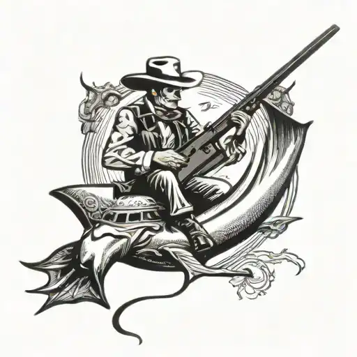 Dead cowboy riding a sting ray shooting a shotgun tattoo design idea