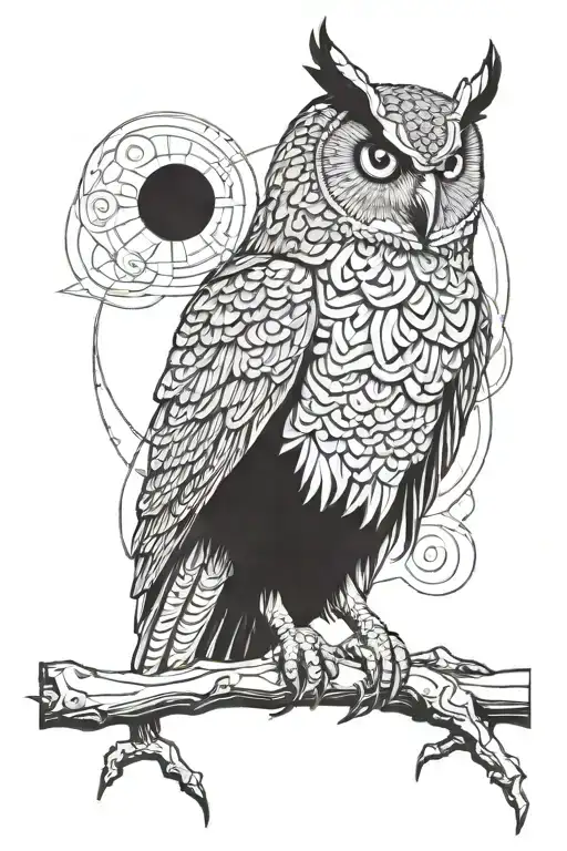 dark evil owl sitting on a big Black line tattoo tattoo design idea