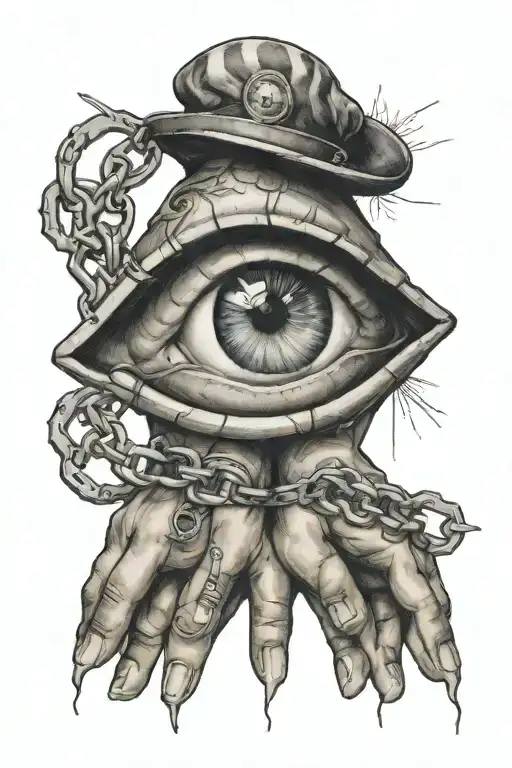all seeing eye with hands and handcuffs barred window tattoo design idea