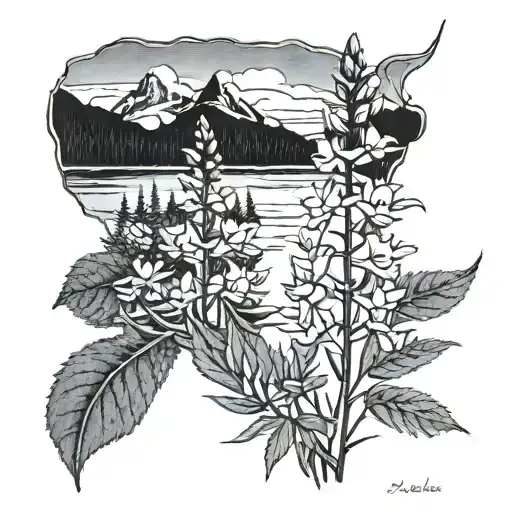 An Alaskan landscape with fireweed flowers blooming in blackwork style tattoo design idea