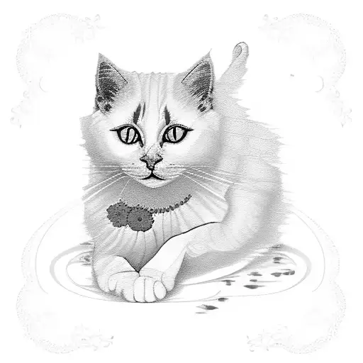 a turkish Van White cat with orange fur next to its ear sitting by a vase filled with a bouquet of red and white flowers tattoo design idea