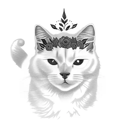 a turkish Van White cat with orange fur next to its ear sitting by a vase filled with a bouquet of red and white flowers tattoo design idea
