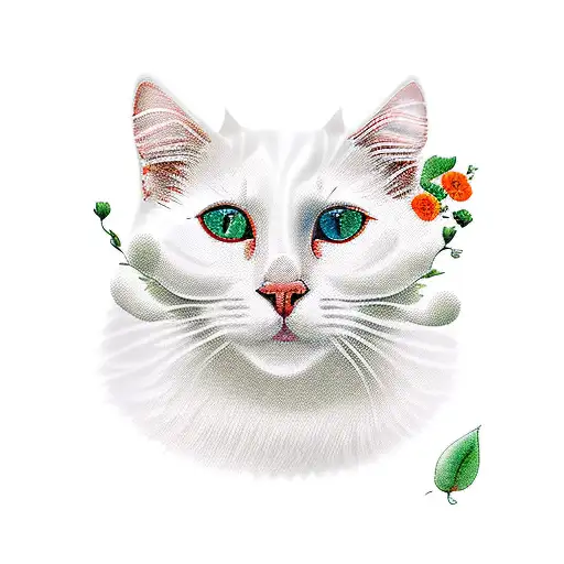 a turkish Van White cat with orange fur next to its ear sitting by a vase filled with a bouquet of red and white flowers tattoo design idea