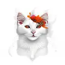 a turkish Van White cat with orange fur next to its ear sitting by a vase filled with a bouquet of red and white flowers tattoo design idea